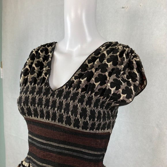 M.S.S.P. Dress Womens Sz S Black Ivory Multi Striped Smocked Cap Sleeve A Line - Picture 4 of 9